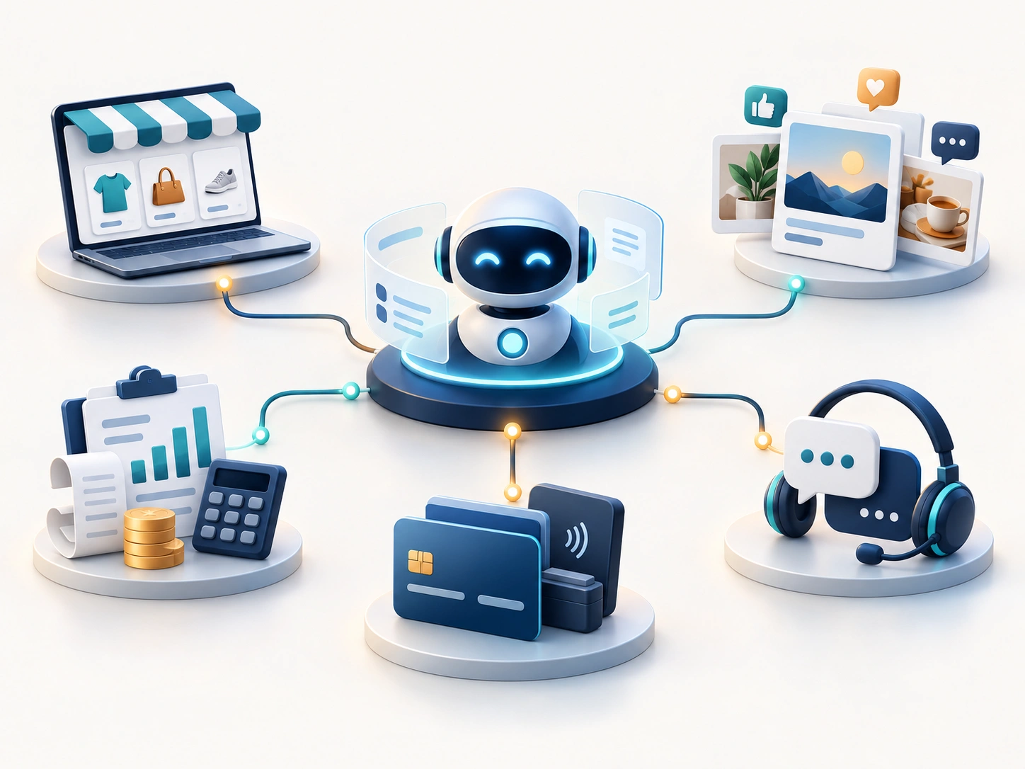 AI 助手连接网店、社交媒体、财务、支付和客户服务工具的示意图